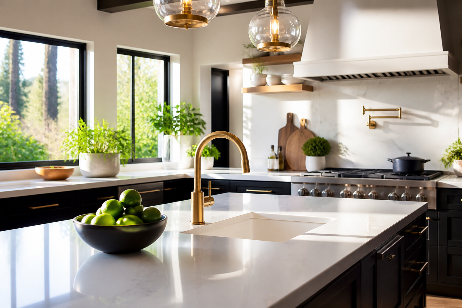Sparkling suburban kitchen with limes and hard daylight